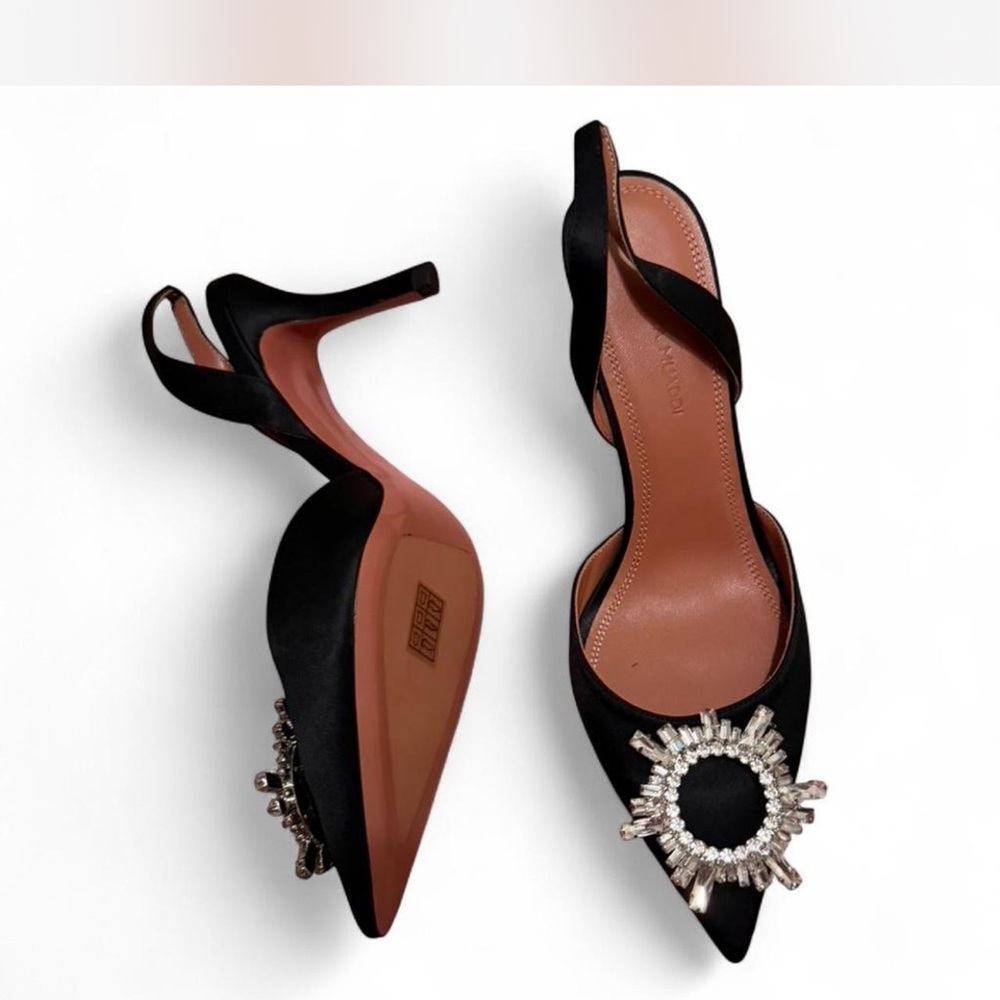 Embellished Black Pointed-Toe Slingback Pumps